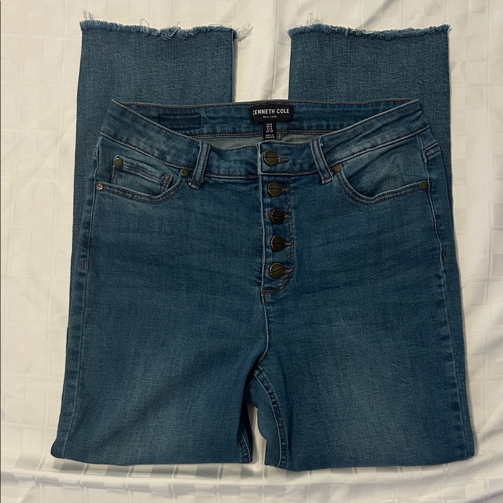 Kenneth Cole Women's High Rise Dark Blue Ankle Jeans Button Fly Raw Hem Size 8